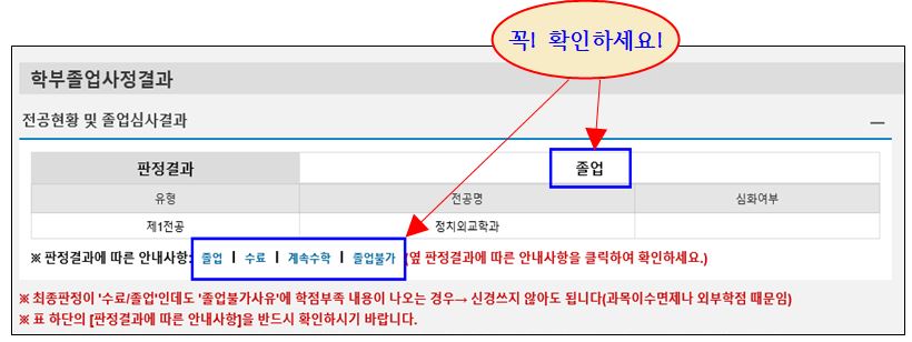 본인의 졸업사정결과 확인 화면