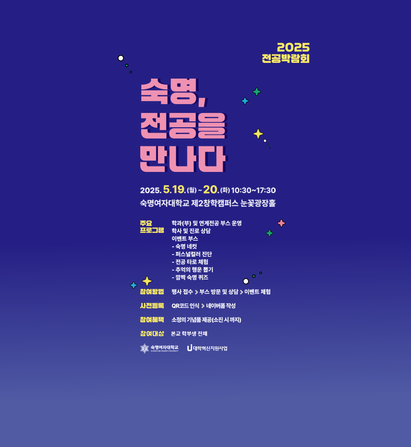 2025 전공박람회 숙명, 전공을 만나다 2025. 5. 19(월)~20.(화) 10:30~17:30 숙명여자대학교 제2창학캠퍼스 눈꽃광장홀 주요 프로그램: 학과(부) 및 연계전공 부스 운영, 학사 및 진로 상담, 이벤트 부스-숙명 네컷-퍼스널 컬러 진단-전공 타로 체험-추억의 행운 뽑기-깜짝 숙명 퀴즈 참여방법: 행사 접수>부스 방문 및 상담>이벤트 체험 사전등록: QR코드 인식>네이버폼 작성 참여혜택: 소정의 기념품 제공(소진 시 까지)